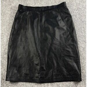 Vintage 80s Tarazzia Black Leather Mini Pencil Skirt Juniors 13/14 Women M 30x22